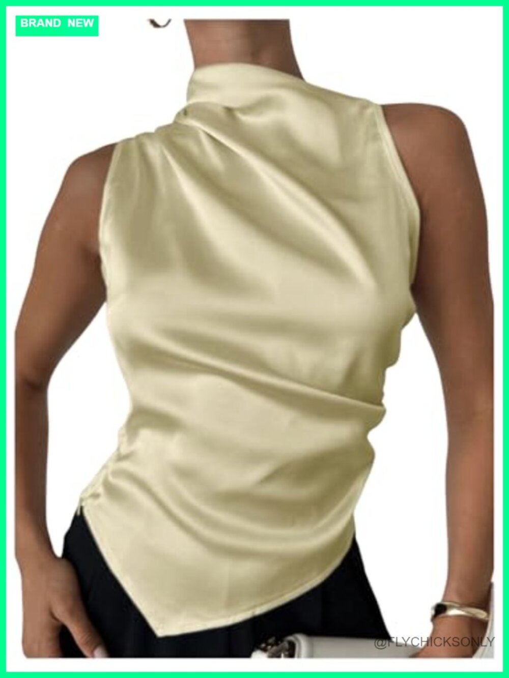 Satin Mock Neck Asymmetrical Tank Top Ruched Fitted Business Casual